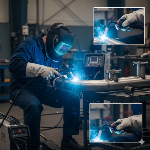 TIG welding process showing the torch, inert gas shield, and filler rod