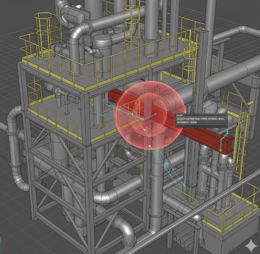 A 3D model showing a clash detection between piping and structural steel